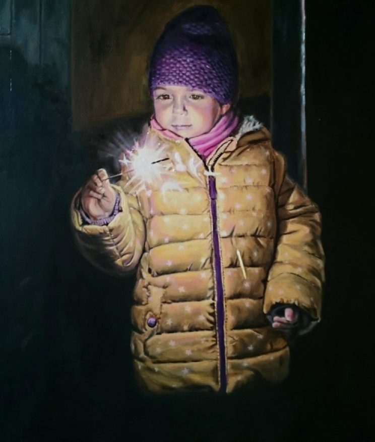 Ein Gemälde von Frank "Franco" Haustein, das ein kleines Mädchen mit Wunderkerze zeigt