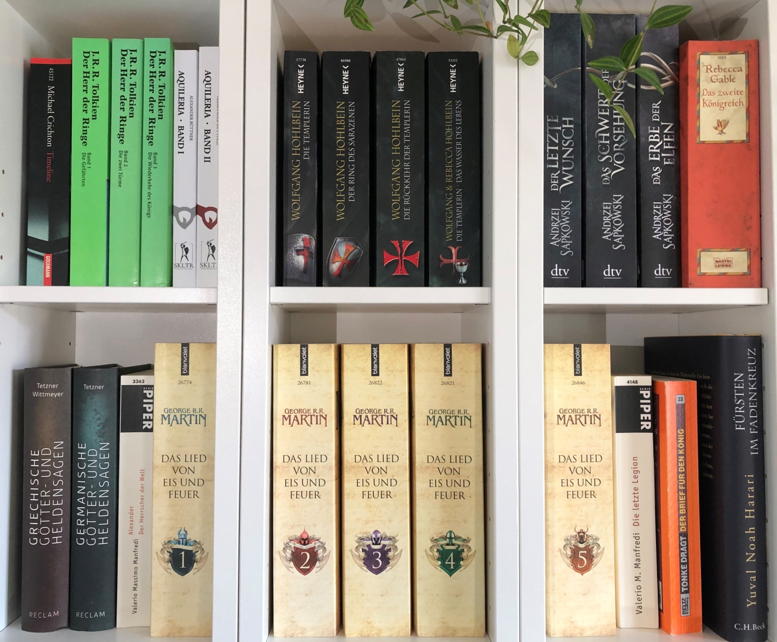 Ein Blick auf ein Bücherregal mit verschiedenen Bestsellern des Fantasygenres und den Büchern aus der AQUILERIA Reihe