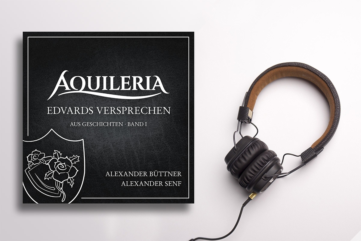 Das Cover des AQUILERIA Hörbuchs "Edvards Versprechen" neben einem Headset.