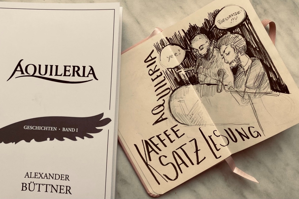 Eine Zeichenskizze von Alexander Senf und Alexander Büttner bei der Lesung zusammen mit dem Cover von AQUILERIA Geschichten Band I.