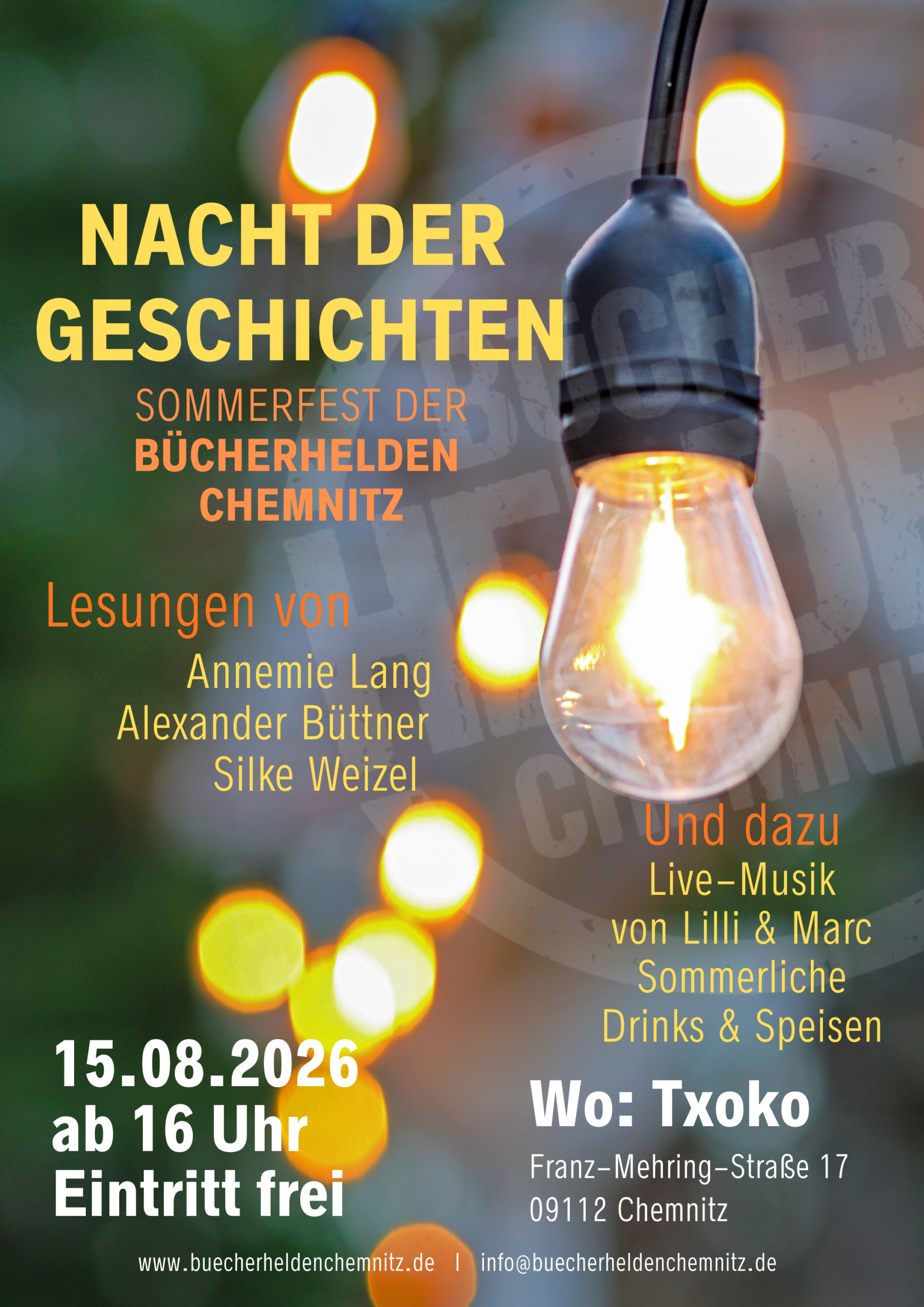 Die nacht der geschichten findet am 15.08.2026 im Txoko Chemnitz statt. Beginn ist 16 Uhr, der Eintritt ist frei.